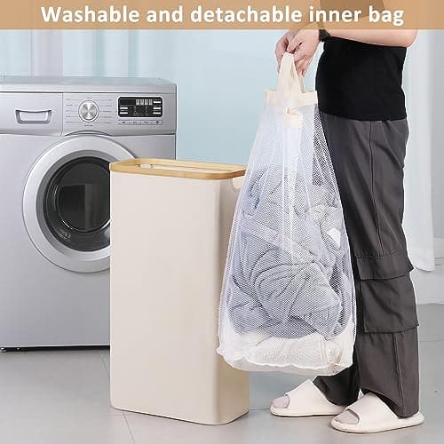 iEGrow 65L Slim Laundry Hamper, Narrow Laundry Basket with Lid,Foldable Clothes Hamper with Bamboo Handles,Hamper Basket with Removable Inner Bag for Laundry Room Bedroom College Dorm,17.17 Gals Beige 5