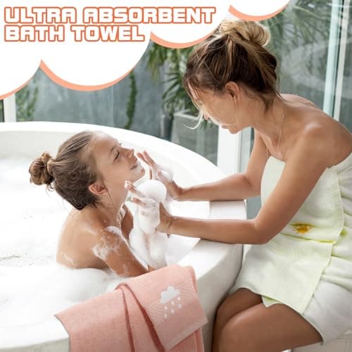 VitalCozy 6 Pcs Kids Girls Bath Towels Set 100% Cotton Cute Sun Cloud Bathroom Absorbent Soft Embroidered Decorative Baby Toddler Shower Towels for Kids Unisex Toddler Women(3 Sizes,Pink, Yellow) 5