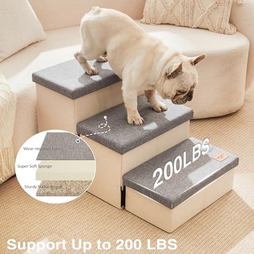 Love's cabin Dog Stairs for High Bed 18" H, Foldable Pet Stairs for Small Medium or Large Dogs Puppy with Storage for Bed or Couch, Cat Dog Steps Ramp with Zip up to 200 lbs, Light Grey, 3 Steps 5
