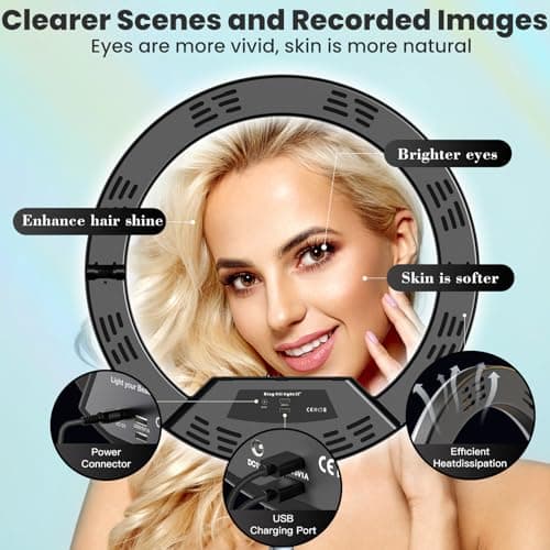 MACTREM 22" Foldable Ring Light with Stand for iPhone ipad, 75" Tripod with Wheels 50W 6500K LED Display/2 USB Ports Large Ringlight Rolling, Tattoo Barber Makeup Studio Video Photography Lighting 8