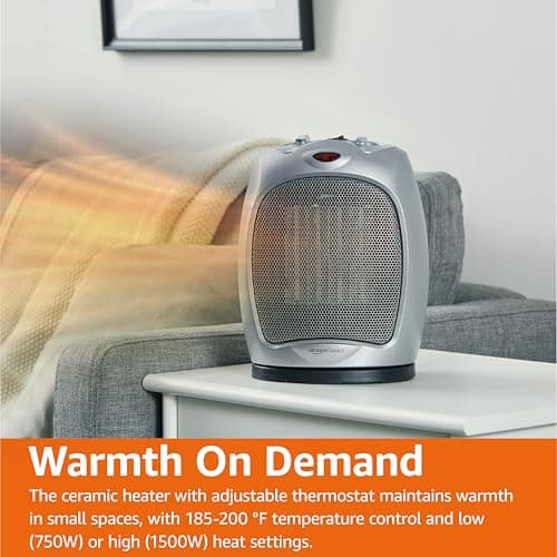 Amazon Basics Oscillating Ceramic Portable Indoor Space Heater, Fast Heating Technology, Overheat and Tip-Over Protection, Adjustable Thermostat, 1500W, 7.52"D x 6.34"W x 9.45"H, Silver 6
