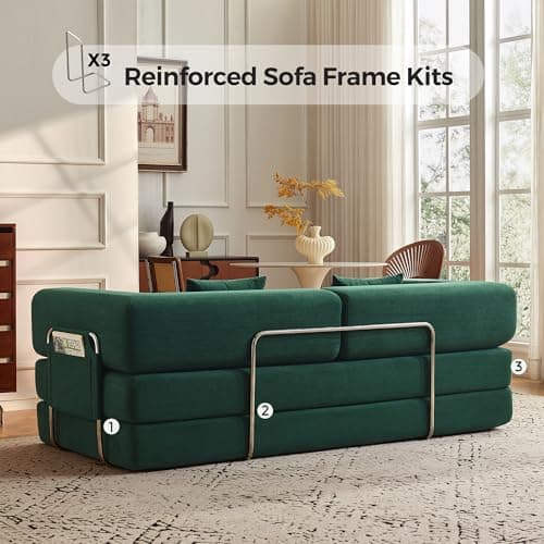Carzzi-Life 79" Convertible Sofa Bed with Pillows, Corduroy Folding Sleeper Sofa with Fixed-Shape Frame, Boneless Couch for Living Room Bedroom, Floor Sofa Lounge No Assembly Required (Green) 7