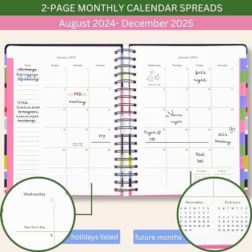 Kate Spade New York Daily Planner 2024-2025, Large August 2024 - December 2025, Hardcover Spiral Planner, Weekly with Monthly Calendar, Stickers, & Pockets, Sunny Day Stripe 5