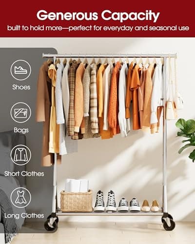 Sakugi Heavy Duty Stainless Steel Rolling Clothes Rack with Mesh Shelf, Lockable Wheels & Anti-Slip Stoppers, Large Capacity Clothing Organizer for Bedroom, Laundry Room, 42.5" x 16.5" x 65.9", Silver 5