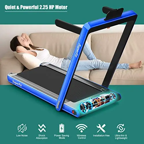 GYMAX Walking Pad, 2.25HP Dual Display Foldable Treadmill for Home with Remote/Smart App Control, Portable Compact Treadmill for Office Under Desk, Folding Running Machine for Small Spaces (Navy) 5