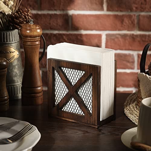FARM IN Rustic Napkin Holder, Farmhouse Style Solid Burnt Wood and Diamond Metal Wire Mesh Design, Barn Door “X-Cross” Design, for Home and Commercial Use 3