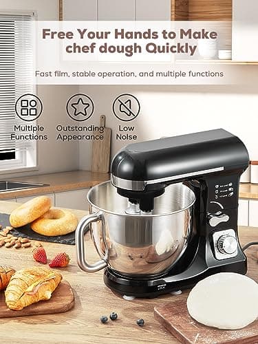 Stand Mixer Fohere, with Double Dough Hook, Wire Whip & Beater, 6+ P Speed Tilt-Head Food Mixer, Pouring Shield for Home Cooking, Dishwasher Safe Stainless Steel Bowl with Handle (Black) 5