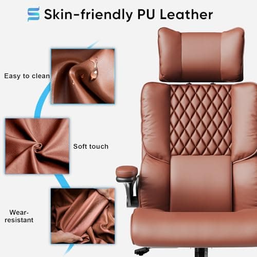 Sytas Executive Office Ergonomic Chair with Adjustable Headrest, PU Leather Desk Chair, High-Back Swivel Task Chair for Home Office, 135° Reclining, Brown 6