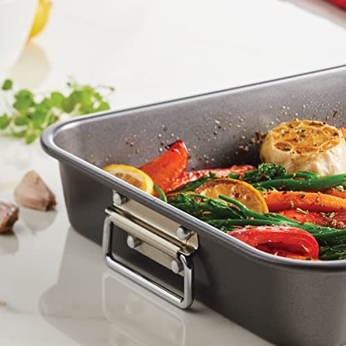 Farberware Bakeware Nonstick Steel Roaster with Flat Rack, 11-Inch x 15-Inch, Gray 9