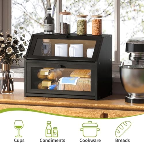 BMOSU Farmhouse Bread Box for Kitchen Countertop Bread box Double Layer Bamboo Wooden Extra Large Capacity Bin Kitchen Food Storage Container(Black) 5