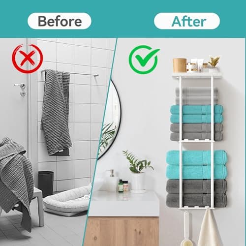 KISENG Towel Racks for Bathroom, 3 Tier Metal Towel Holder, with Shelf & 6 Hooks, 29 inch Wall Mounted Towel Storage, 6 Large Bath Towels Capacity,Small Bathroom Towel Rack for Rolled Towels, White 6