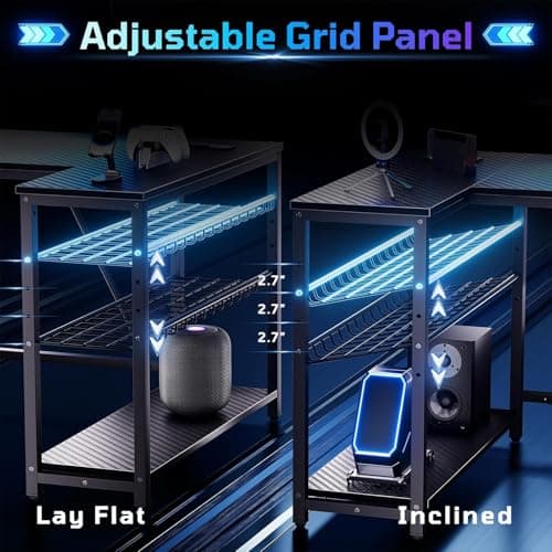 Bestier Gaming Desk with Power Outlets, 42" L-Shaped Computer Desk with LED Lights, Desk with Reversible Storage Shelves & Hooks for Small Spaces, Bedrooms & Offices, Black Carbon Fiber 6