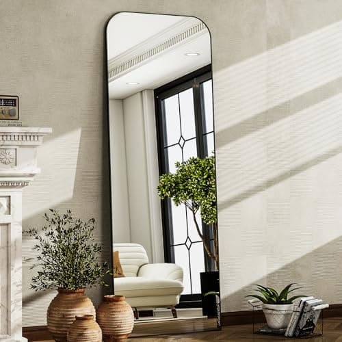 HARRITPURE 57"x20" Full Length Mirror, Black Rounded Corner Aluminum Frame Standing Mirror, Hanging/Leaning Wall Floor Mirror with Stand for Living Room Bedroom Cloakroom