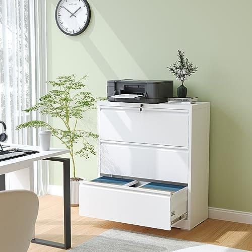 BIZOEIRON 3 Drawer Lateral File Cabinet for Home Office, Metal Filing Cabinet with Lock, Wide File Storage Drawers for Letter/Legal Size Hanging File Folders, Assembly Required, (White) 2
