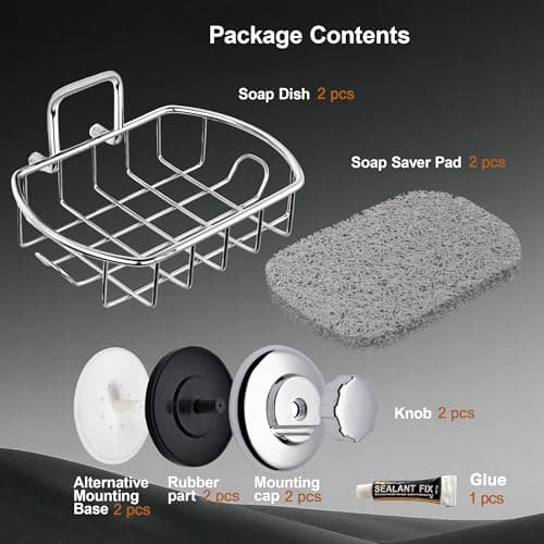 HASKO 2-Pack Suction Cup Soap Holder – Bar Soap Dish for Shower with Hooks for Bathroom – Optional Mounting with Adhesive Tape – Includes 2 Soap Savers – Polished Stainless Steel SS304 8