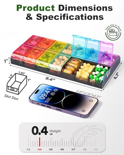 Extra Large Pill Organizer 2 Times a Day, Weekly XL AM PM Pill Case, 7 Day Pill Box Twice a Day, Oversized Daily Medicine Organizer for Vitamins, Big Pill Container, Medication Dispenser (Rainbow) 8