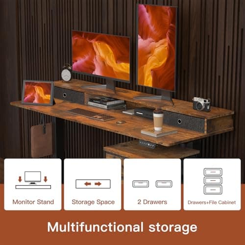REGISDESK 63 Inch Electric Standing Desk with Cabinet & Drawers, Height Adjustable Sit Stand Desk with Monitor Shelf, Smart Home Office Standing Computer Desk, Rustic Brown 6