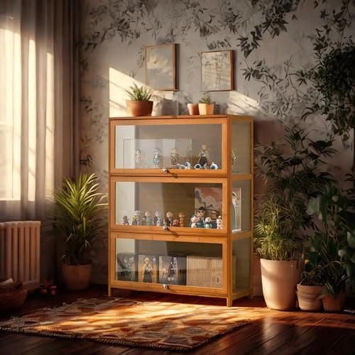 SAADHGG Small Display Cabinet with Acrylic Glass Doors, 4-Tier Curio Cabinet Figure Display Case Living Room Storage Cabinets with Doors and Shelves for Collectibles Toy,Tawny,Flip top Three Layer 7