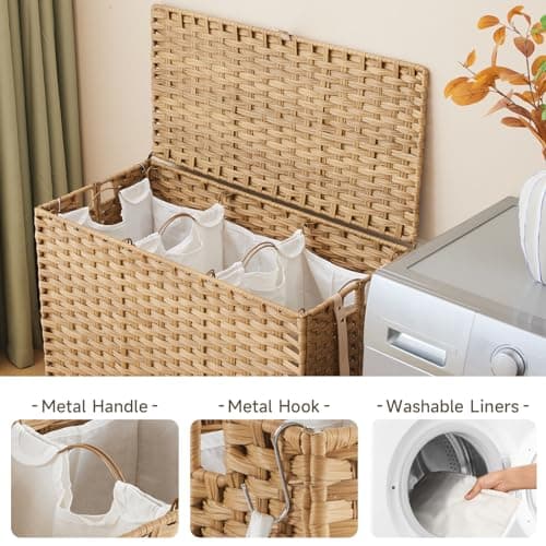 Laundry Hamper with Wheels, 52.8 Gallon(200L) Rolling Laundry Basket with Lid, 3-Section Rattan Clothes Hamper with 3 Removable Liner & 3 Mesh Bags, Laundry Sorter with Side Pocket, Natural 5