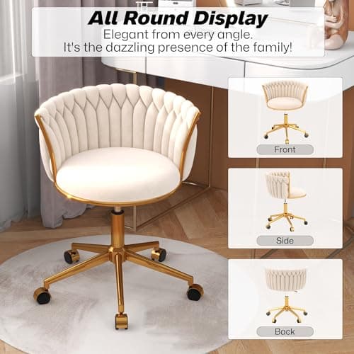 HENGJIANYI Velvet Woven Home Office Chair, Modern Swivel Desk Chair with Wheels, Height Adjustable Vanity Chair with Gold Metal Base and Hand Weaving Back, Beige 7