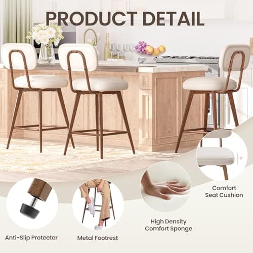 MALOL 26“ Swivel Bar Stools Set of 2, Mid Century PU Leather Counter Height Bar Chairs with Low Back and Metal Legs, Modern Bar Stool Chair for Kitchen Island, Beige 5