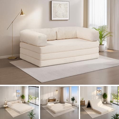 5-in-1 Convertible Folding Sofa Bed,Full Tri-Fold Mattress with Removable L-Shaped Armrests,Corduroy Boneless Couch Floor Sofa Futon Couch Sleeper with Pull Out Bed for Living Room Bedroom Apartment