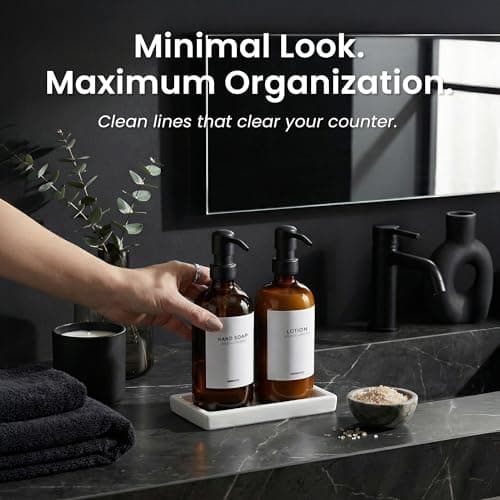 MaisoNovo Soap and Lotion Dispenser Set - Bathroom Soap Dispenser Set with Amber Glass Soap Dispenser, Black Pumps & Concrete Tray 10