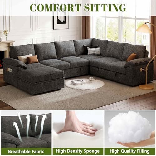 SUAWY 108 Inch Sectional Sleeper Sofa with Pull Out Bed, U Shaped 7 Seat Modular Sectional Sofa with Storage, Sectional Couches for Living Room, Cloud Modular Couch,Removable Sofa Cover, Dark Grey 5
