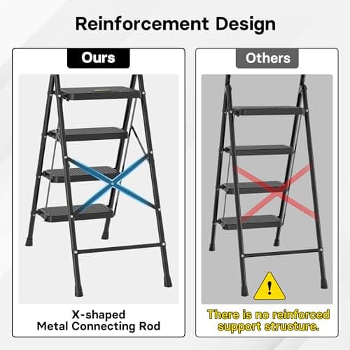 BONTEC 4-Step Ladder, 400lbs Max Load, Folding Step Stool with Tool Tray, Anti-Slip Pedals, Sturdy Steel, Lightweight Portable Ladder with Handrail for Home & Work Use, Black 6