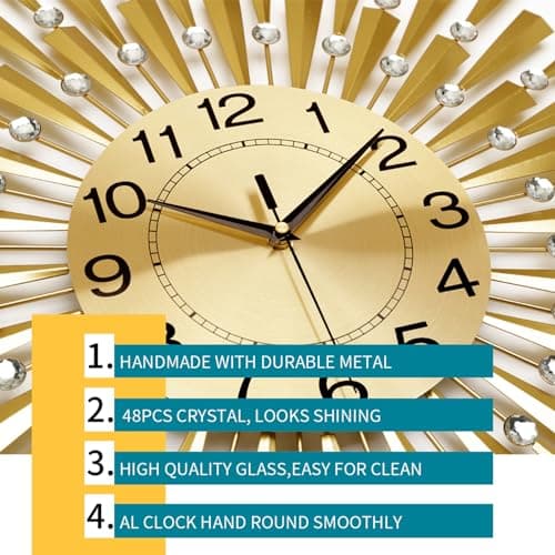 FLEBLE Large Wall Clocks for Living Room Decor Modern Gold Silent Wall Clock Battery Operated Non-Ticking for Bedroom Kitchen Office Home Decorative 24Inch Retro Crystal Clock Wall Decor for House 5