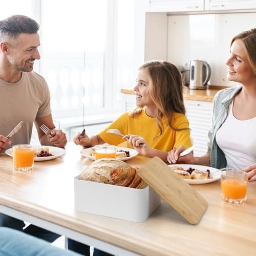 ZICOTO Beautiful Bread Box With Wooden Lid For Your Kitchen Countertop - Spacious Container Perfectly Stores Your Homemade Bread, English Muffins & Bagels - Quality Cutting Board Lid Keeps Loaf Fresh 8