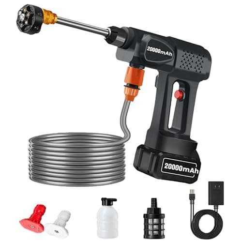 Portable Cordless Pressure Washer – 1.0/2.0Ah Battery, 6-in-1 Nozzle, Powered High-Pressure Cleaner for Cars, Patios & Outdoor Cleaning, 600PSI Max (20000mAh, with Rotating Sprinkler)