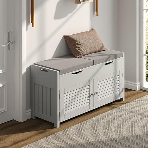 ChooChoo Shoe Storage Bench with Lift Top Storage, Entryway Bench with 2 Cushioned Seats, 3 Compartments, Adjustable Shelf, Shoe Cabinet for Entryway, Bedroom, Living Room, Grey