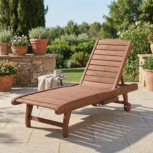 Outsunny Chaise Lounge Chair Outdoor Wooden Pool Lounge Chair with 3-Level Adjustable Backrest, Built-in Table and Rolling Wheels, Sun Tanning Chair for Beach Poolside Sunbathing, Brown Red 9