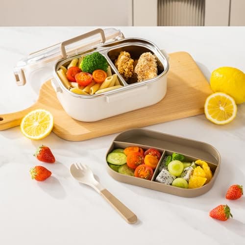 Lille Home Bento Lunch Box for Adult, 31oz Stainless Steel 2-Compartment Tiffin Lunch/Snack Box, Durable Bento/Food Container with Split Layer Lunch Bag and Utensils(Beige) 6
