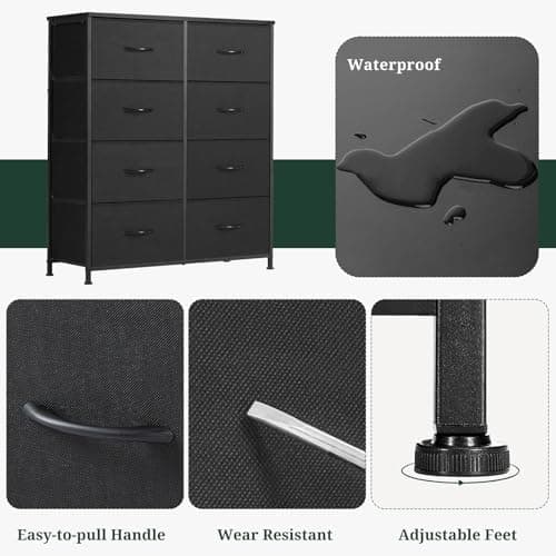 8-Drawer Dresser for Bedroom, Anti-Tip Tall Storage Organizer Chest of Drawers with Wooden Top and Metal Frame Fabric Bins for Closet, Living Room, Hallway, Entryway, Black 7