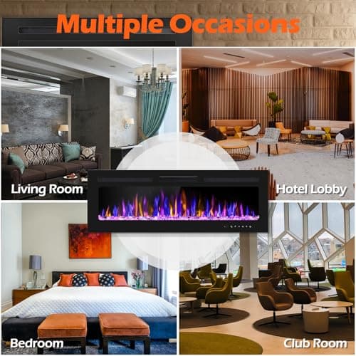 BETELNUT 50" Electric Fireplace Wall Mounted and Recessed with Remote Control, 750/1500W Ultra-Thin Wall Fireplace Heater W/Timer Adjustable Flame Color and Brightness, Log Set & Crystal Options 7