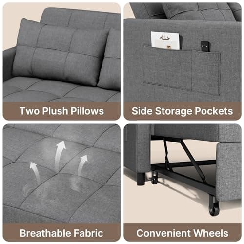Gizoon 3 in 1 Sofa Bed, 52.4 Inch Convertible Pull Out Couch, Loveseat Sleeper Sofa with Two Pillows, Small Sofa Couches for Small Spaces, Apartment, Living Room, Bedroom, Dark Grey 9