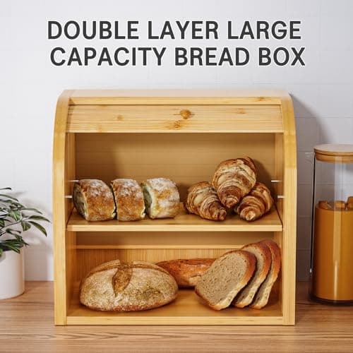 Merysen 2 Tier Bamboo Bread Box for Kitchen Countertop–Bread Storage Holder, Large Capacity Bread Storage Container, with Removable Layer for Home Storage and Display (Self-assembly) 5