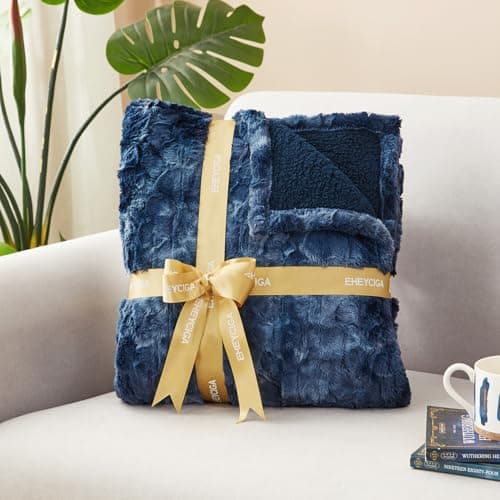 EHEYCIGA Electric Heated Blanket Throw Faux Fur, 10 Hours Auto Shut Off 9 Heating Levels Heating Blanket Throw, Soft Warm Heated Blanket Fast Heating Navy Blue, Faux Fur & Sherpa 9