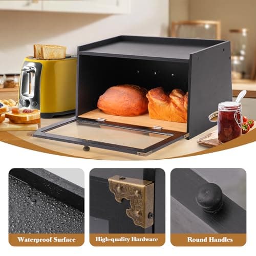 Tiagowell Bread Box for Kitchen Countertop, Large Capacity Bread Storage Container, Bamboo Breadbox with Window, Farmhouse Bread Box for Kitchen, Pantry, Cabinet, Cupboard, Bread Holder (Black) 5