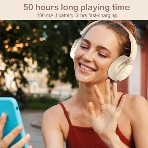 RORSOU B8 Bluetooth Headphones Over Ear, 6 EQ Music Modes and 50H Playtime Deep Bass Wireless Headphones with Mic, Lightweight Folding HiFi Stereo Headset for iPad/Travel/Tablet/PC/Home Beige White 6