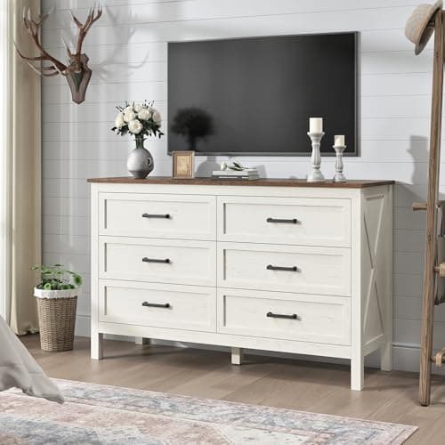 BAZELOR Farmhouse Dresser for Bedroom, 6 Drawers Dresser with Natural Texture, Wood Rustic Wide Chest for Bedroom, Hallway, Entryway, Antique White