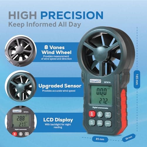 Digital Handheld Anemometer for Wind Speed, Temperature & Wind Chill - Wind Speed Meter, Handheld Wind Meter, HVAC Airflow Meter, Hand Held Wind Gauge for Outdoor Sailing, Shooting, Drone, Golf & Kite 2