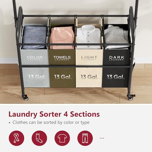 Tajsoon Laundry Sorter Cart with Hanging Clothes Rack, 4 Butler Sorter Basket Organizer, Laundry Hamper Cart with Heavy Duty Rolling Lockable Wheels, 4 Colors 4
