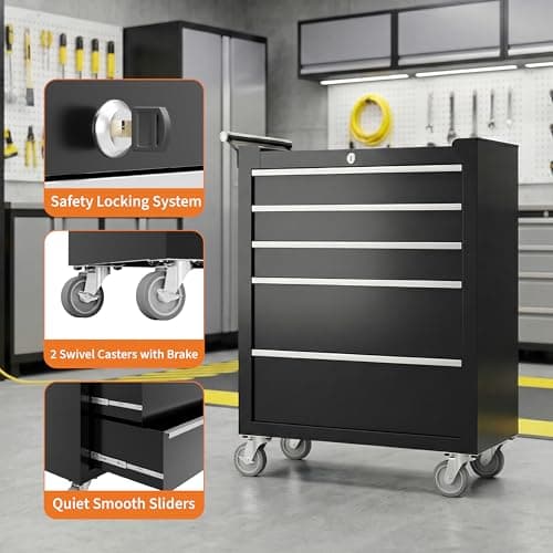 GarveeTech 5-Drawer Tool Chest, Rolling Tool Box with Wheels and Lock System, Portable Storage Rolling Tool Chest for Warehouse, Workshop & Repair Shop, Black 6