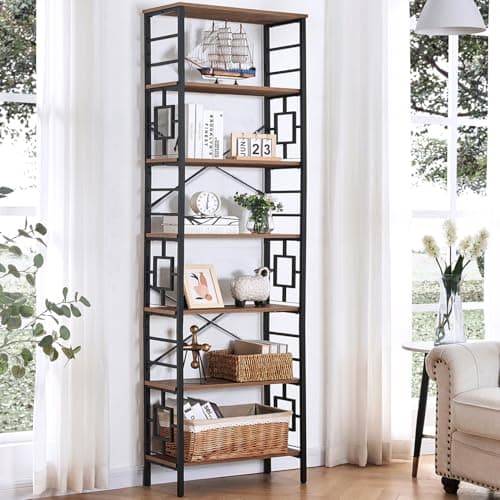 HOMISSUE Tall Bookshelf, 84 Inch Industrial Bookshelf with Metal Frame and Open Shelves, 7 Tier Metal Bookshelves and Bookcases, Rustic Tall Book Shelf for Office, Living Room and Bedroom, Brown