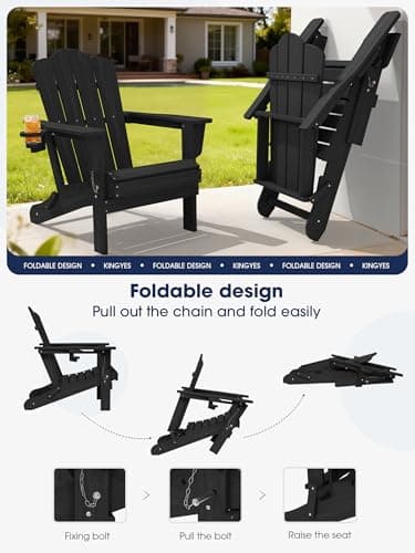 KINGYES Folding Adirondack Chair, HDPE All-Weather Patio Chairs, Wooden Textured Lawn Chair for Poolside, Backyard, Deck, Fire Pit, Black 6