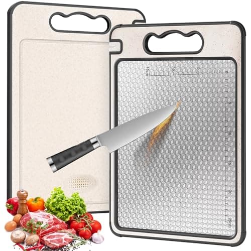 Stainless Steel Cutting Board, Double Sided Cutting Board for Kitchen, 304 Stainless Steel and Wheat Straw PP, Juice Grooves, Non Slip, Reversible Chopping Board Easy to Clean