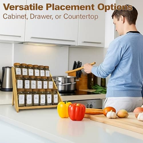 Bamboo Spice Rack Organizer - 3 Tier Foldable Wooden Spice Rack for Countertop, Cabinet & Drawer- Organic Bamboo-Extra Sturdy Wooden Spice Shelf, No Spice Jars Included 6